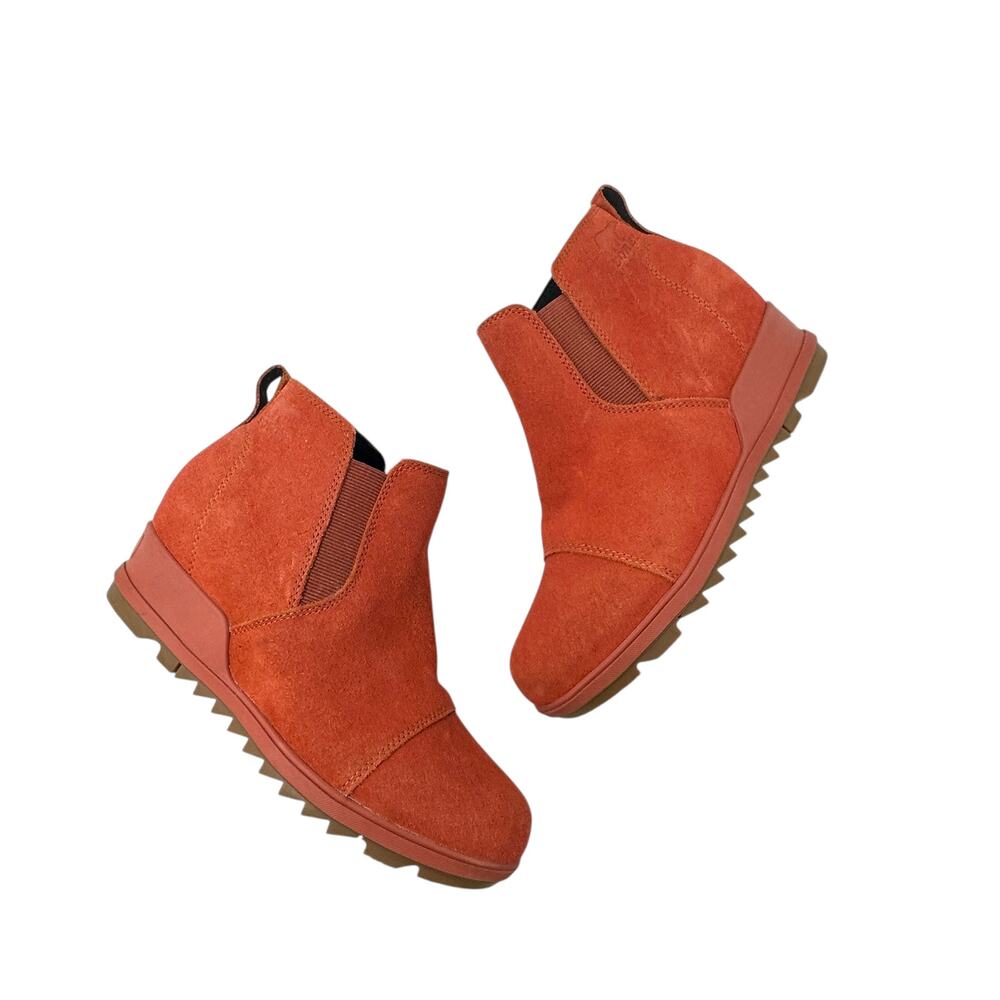 Sorel Evie Booties Boots Pull-On Wedge Heel  Waterproof Suede Red‎ Size US 8